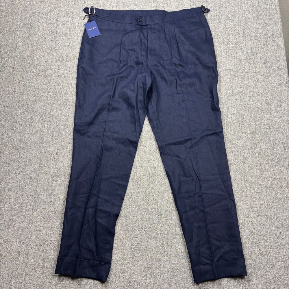 Collars & Co. Trousers Mens 38x32 Amalfi Navy Blue Linen Pleated Side Adjusters